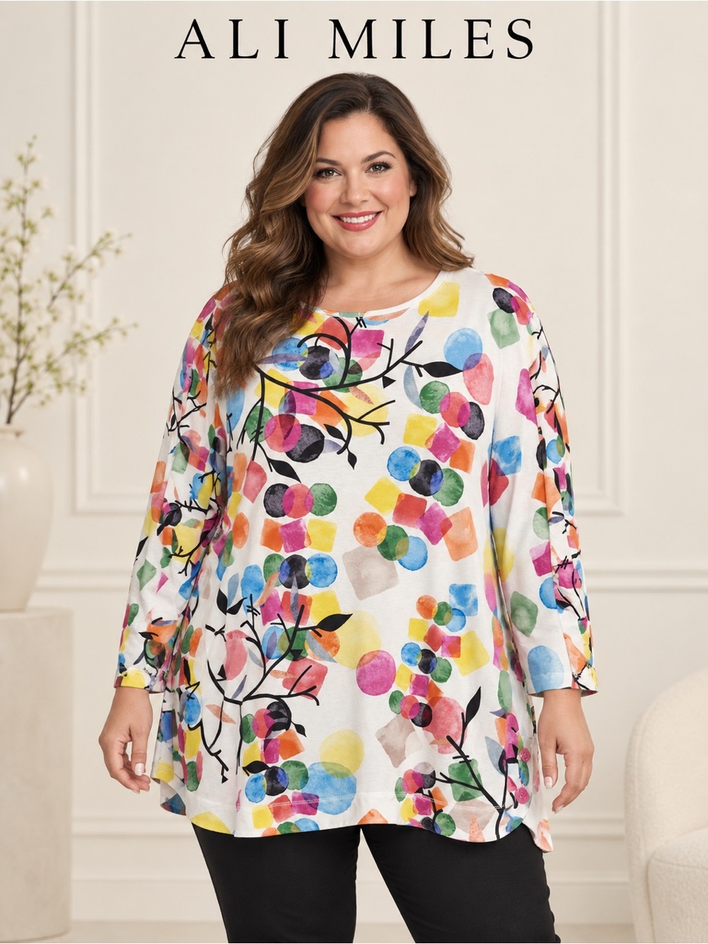 Ali Miles 3X Multicolor Abstract Watercolor Side Button Tunic Top